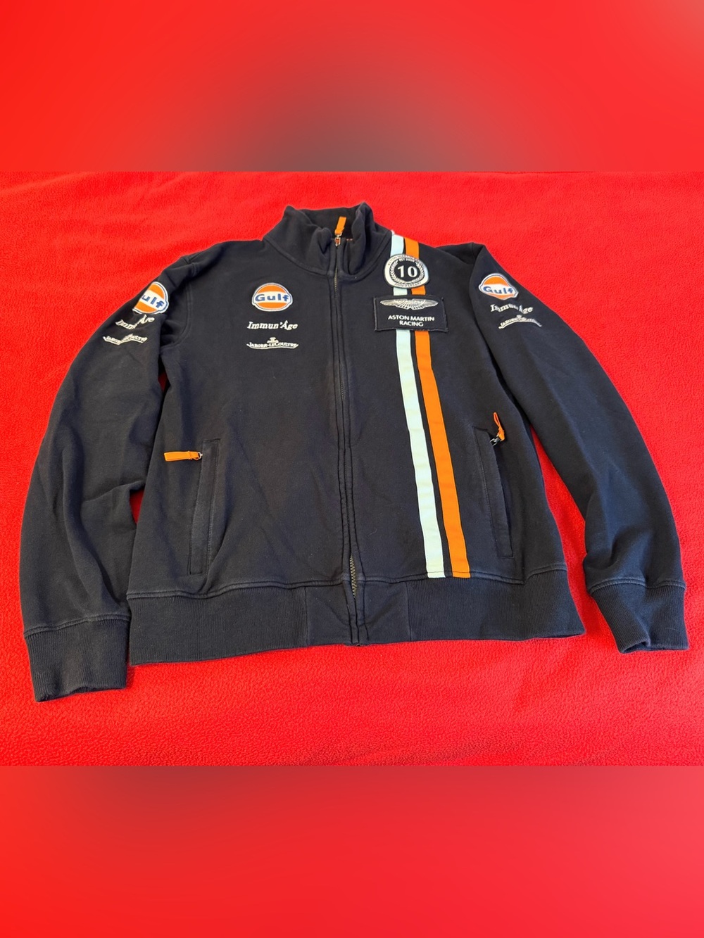 Gulf Aston Martin Racing Team zip up embroidered jacket Size L adult VTG 2004